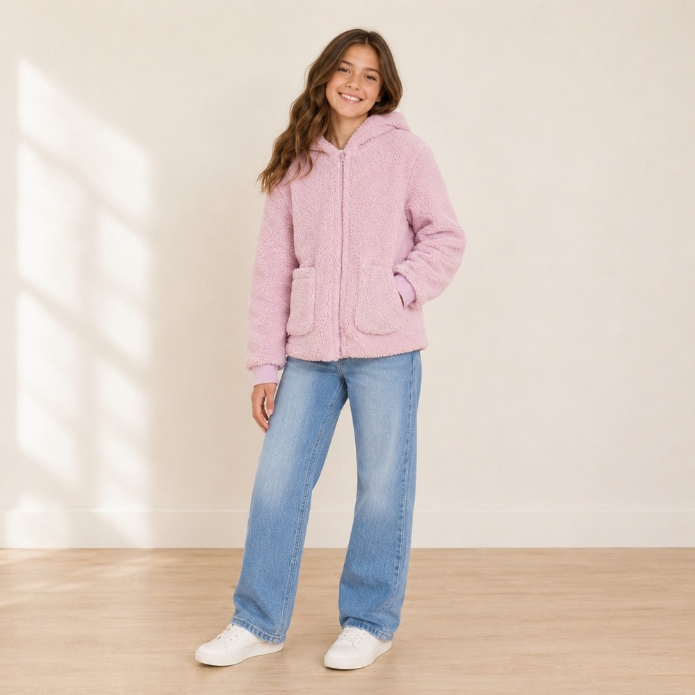 Cat & Jack Girls XL 14 Light Purple Faux Shearling Hooded Teddy Jacket Full Zip